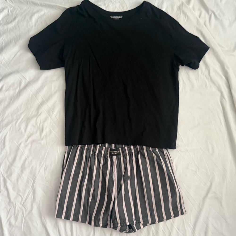 Victoria’s Secret Pajama Set Black Top + Striped Shorts – Size L